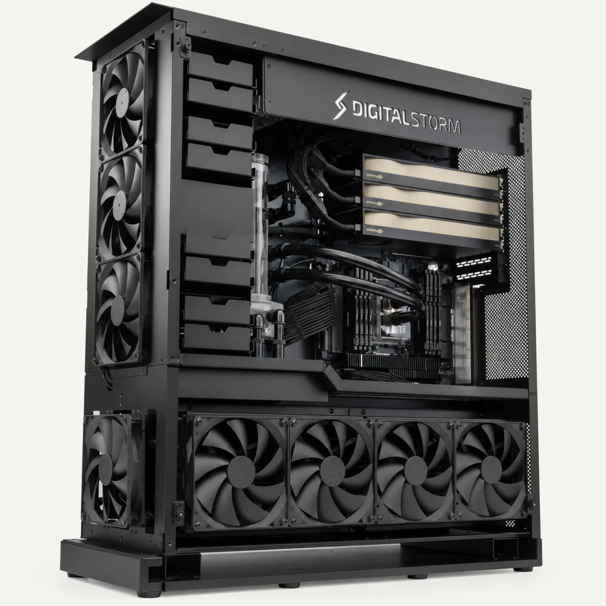 An open Aventum Pro AI workstation with its GPUs installed