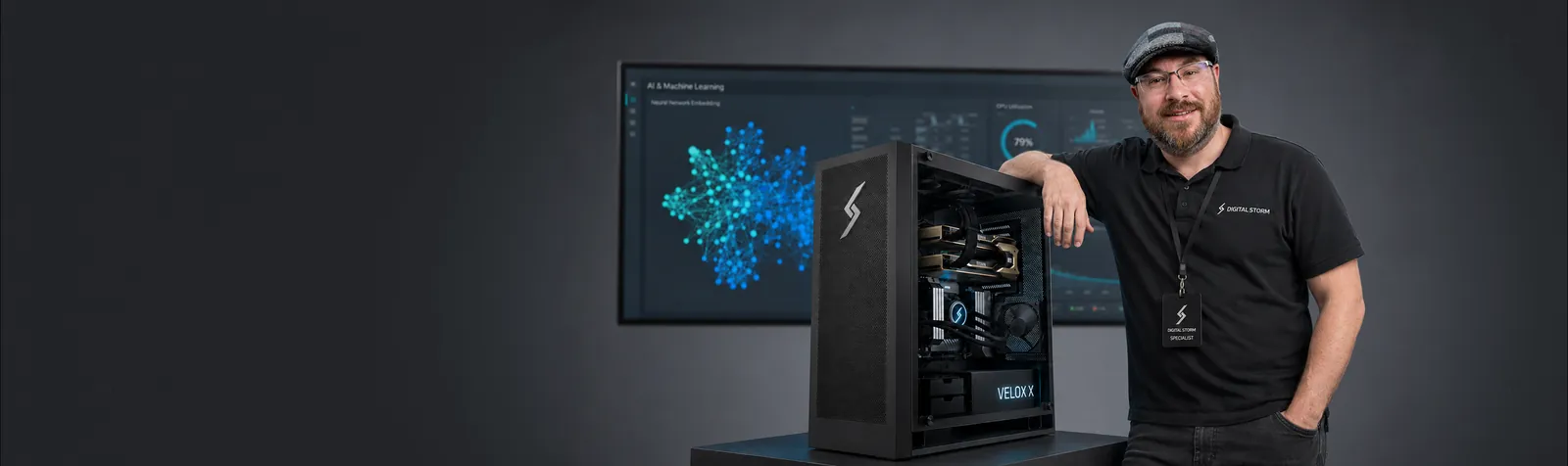 Digital Storm AI systems engineer beside a workstation running a machine learning dashboard