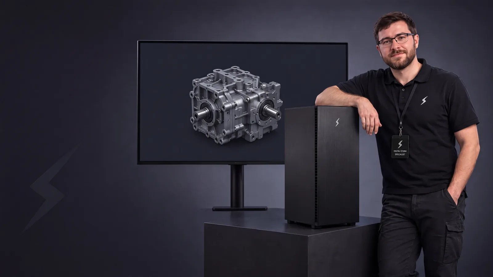 Digital Storm systems engineer beside a workstation