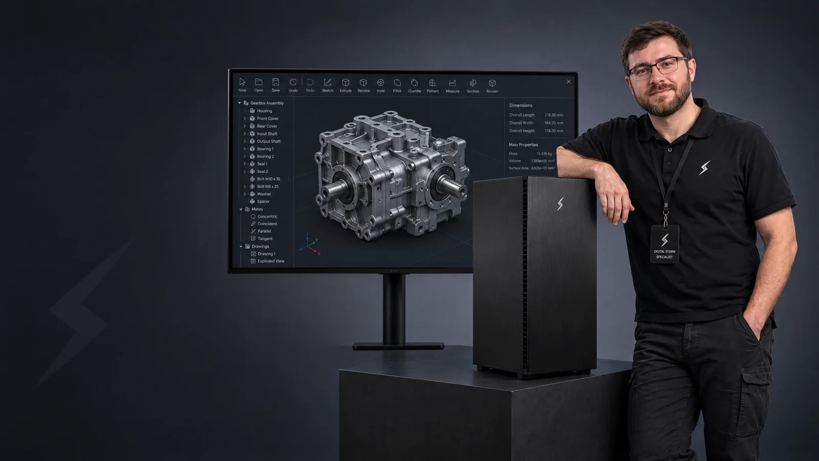 Digital Storm systems engineer beside a workstation