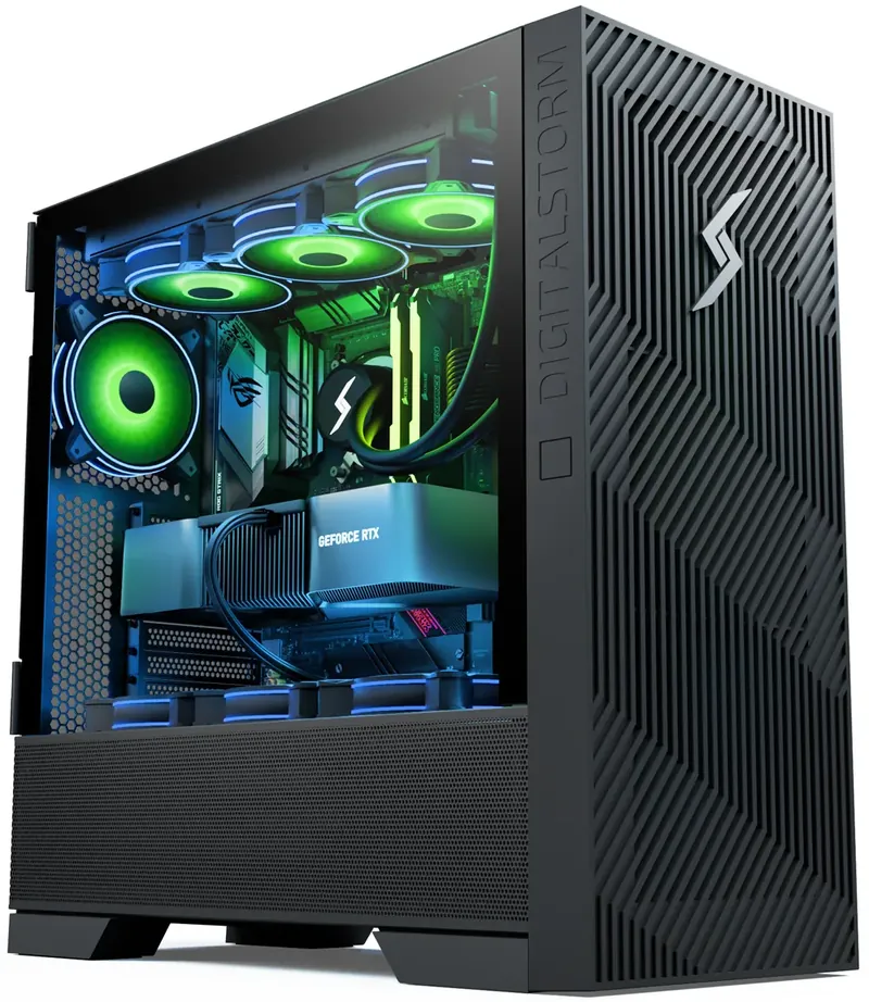 The Corsa custom PC from the front, with its glass side panel and three intake fans