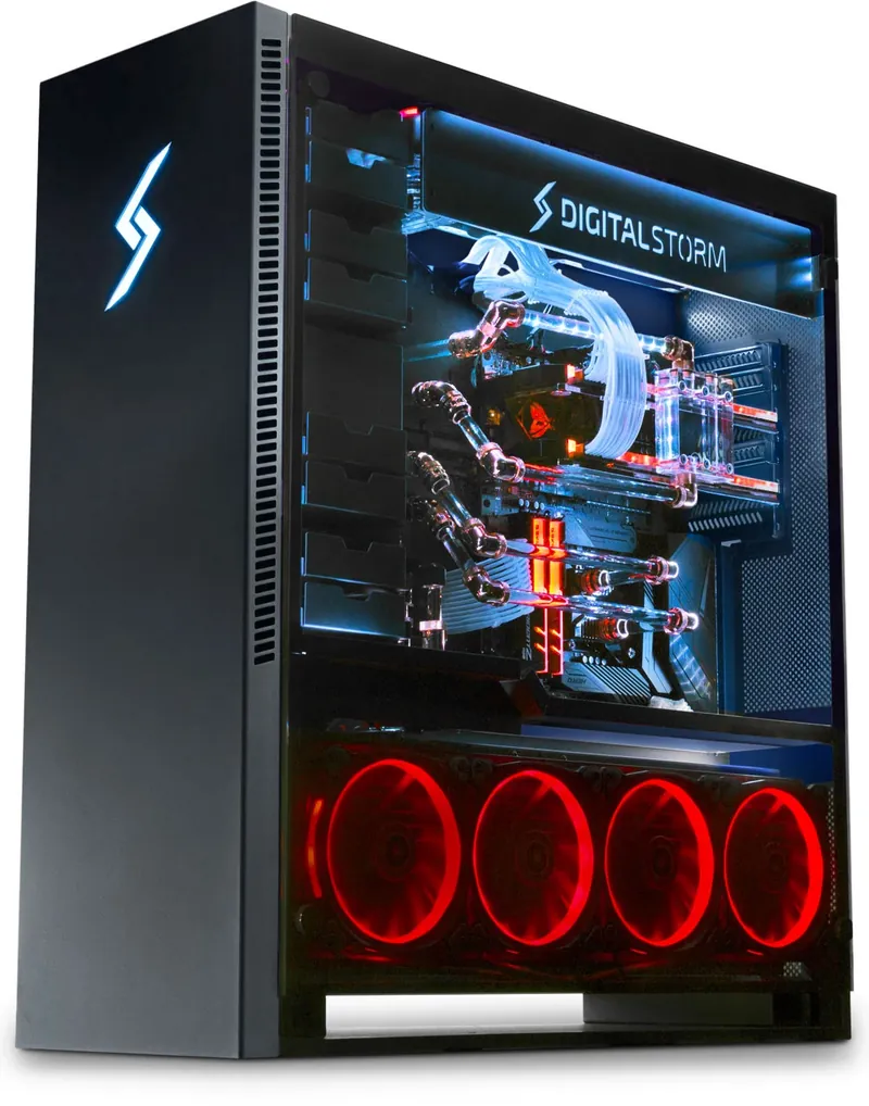 Aventum X custom PC with a hardline liquid loop and four red front intake fans
