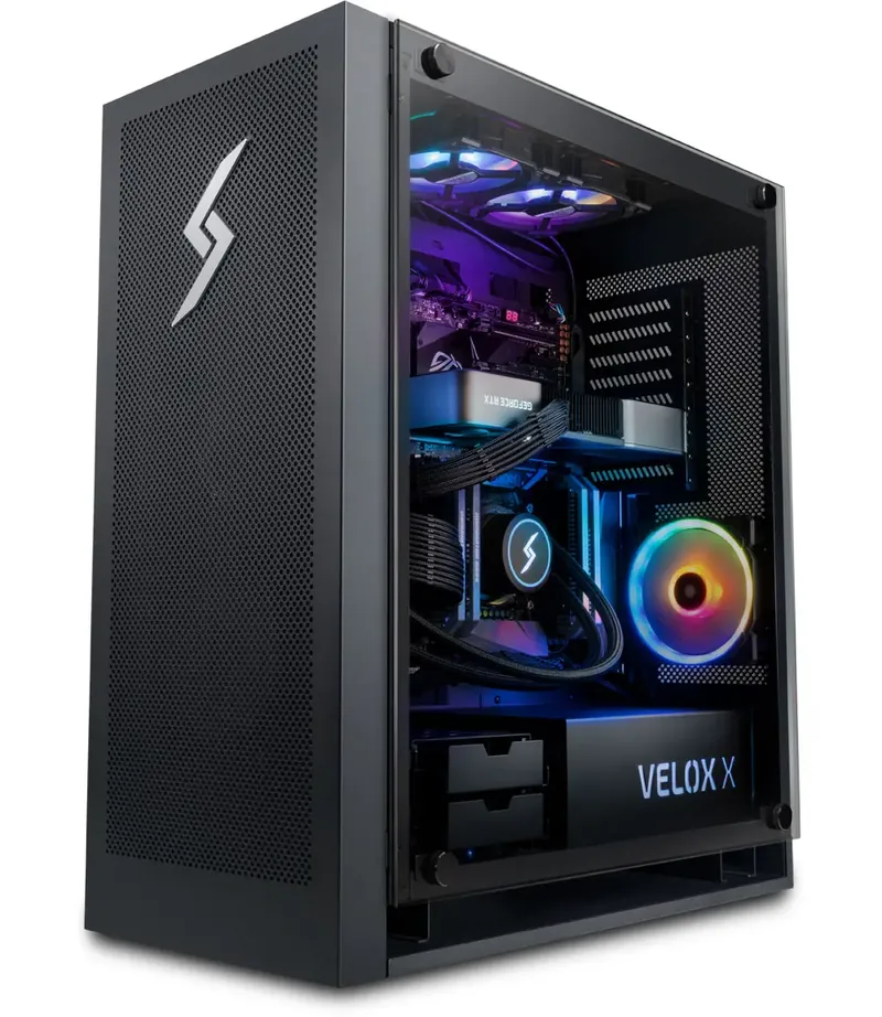 Velox custom PC with a sealed liquid CPU cooler behind a glass side panel