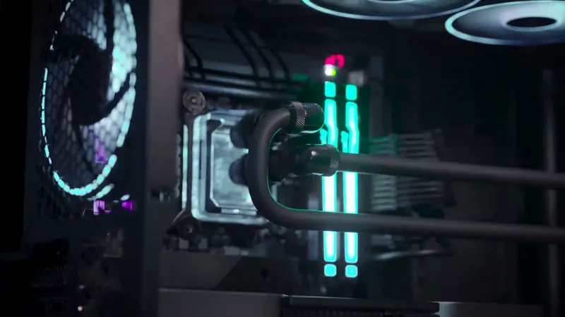 A liquid-cooled processor block beside lit memory