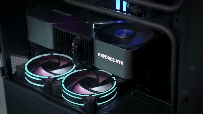 A GeForce RTX graphics card and its fans inside a Digital Storm PC