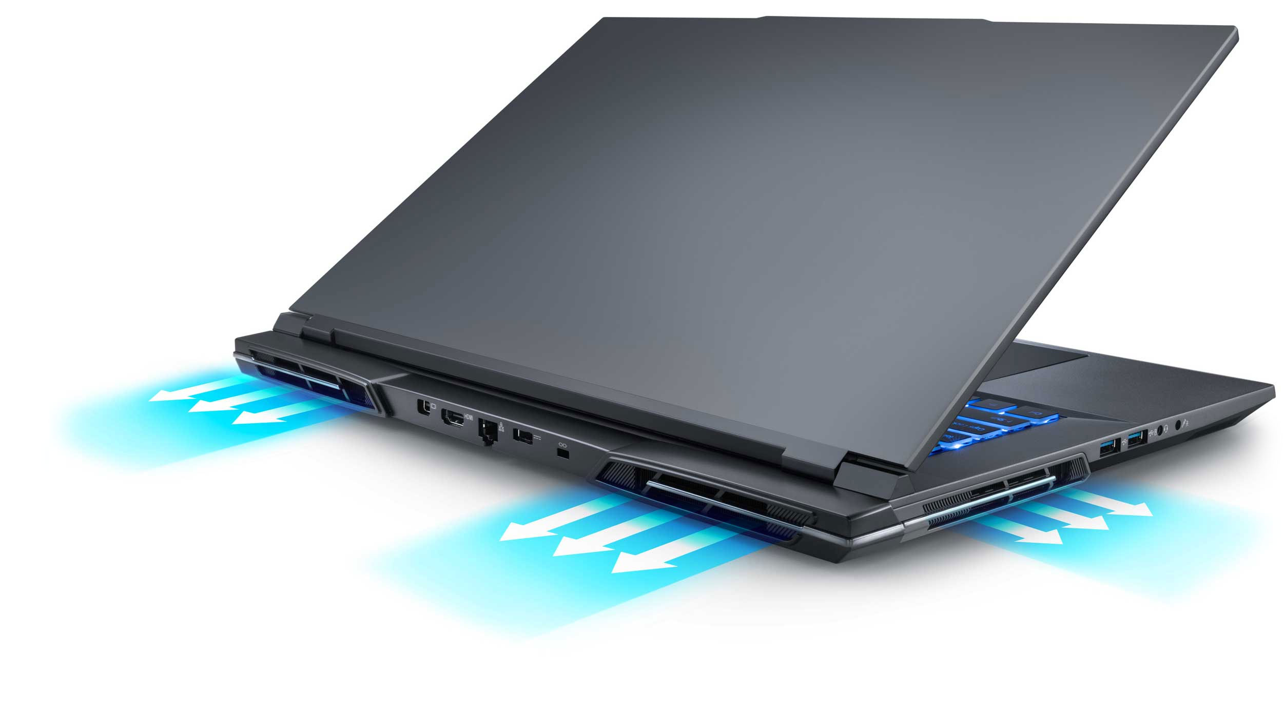 Avon laptop highlighting its three air exits cooling system