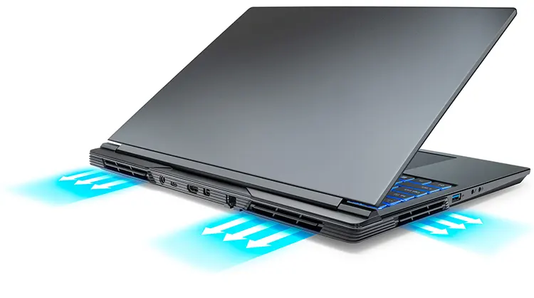 Nova gaming laptop highlighting three air exits cooling system