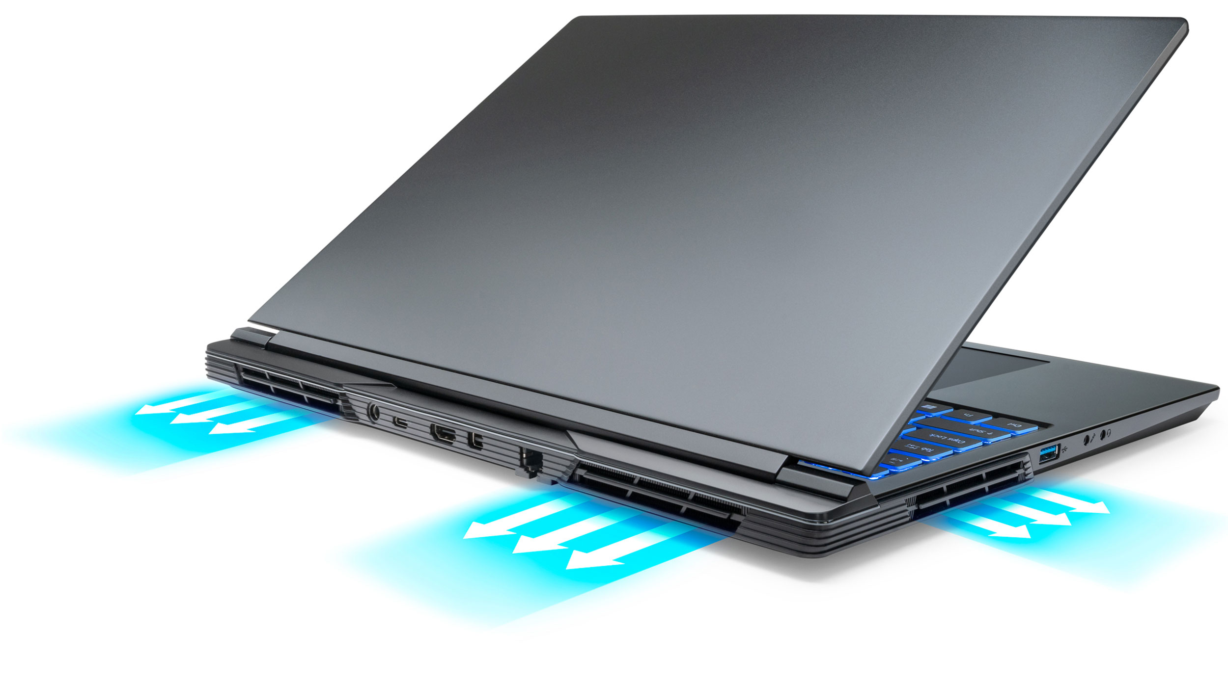 Nova laptop highlighting its three air exits cooling system