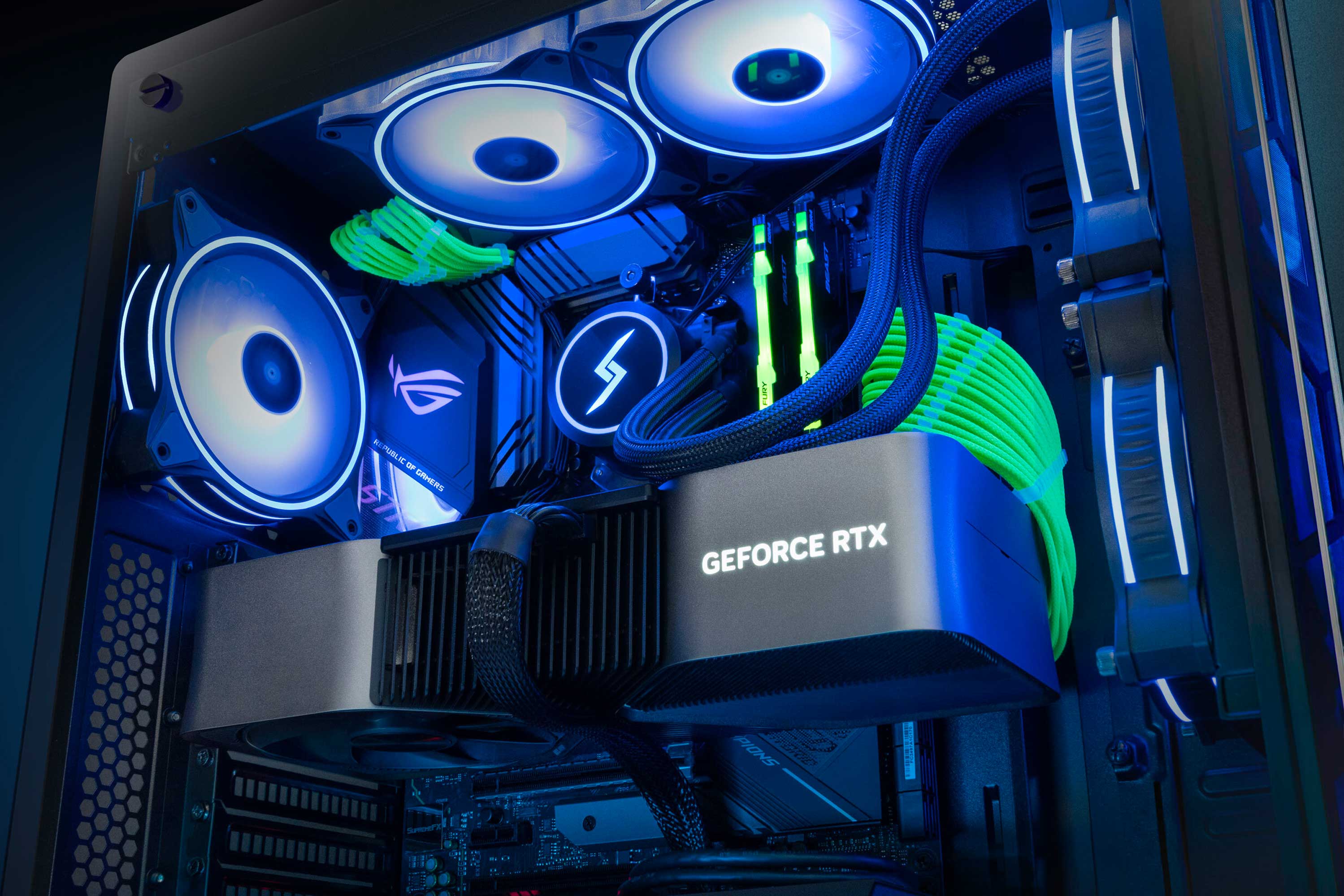 Blue lighting Lumos desktop interior with two GeForce RTX graphic cards