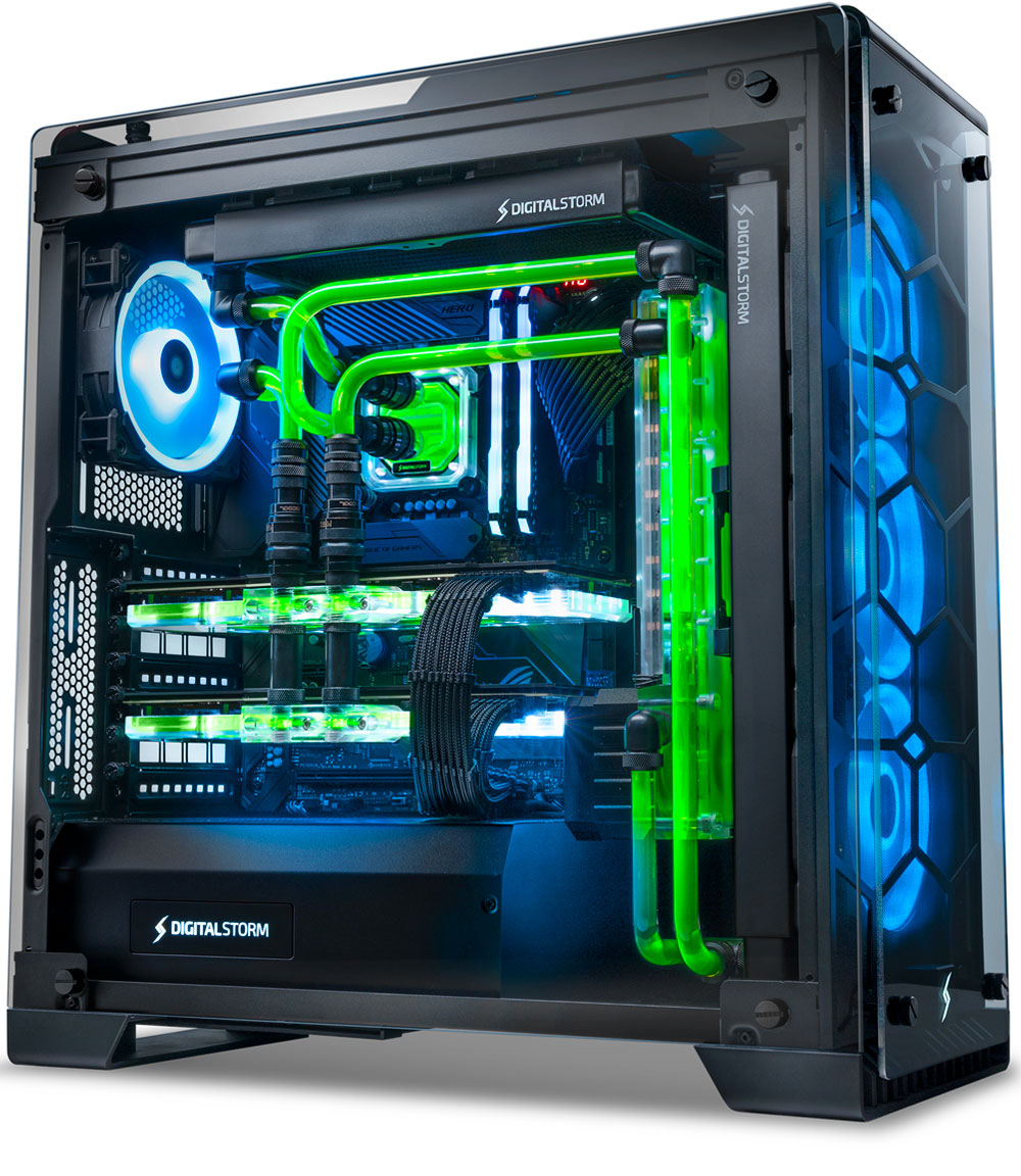 Lumos desktop side view with blue lighting and lime green cooling system