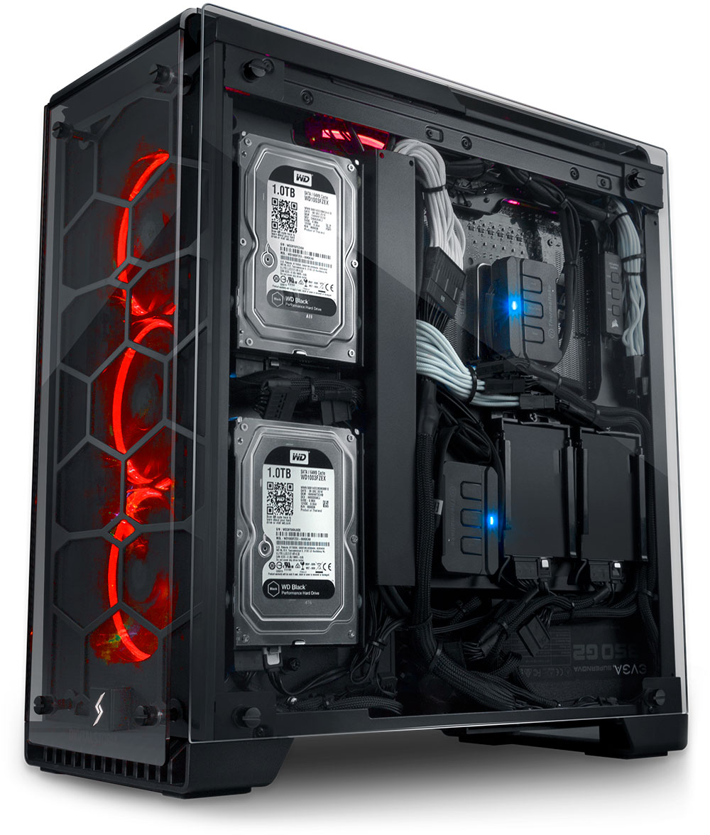 Lumos side view with three red lighting cooling fans and two 1TB WD hard drives