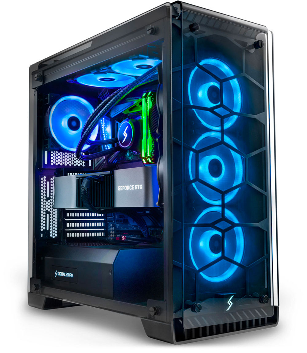 Blue lighting Lumos desktop with two GeForce RTX graphic cards