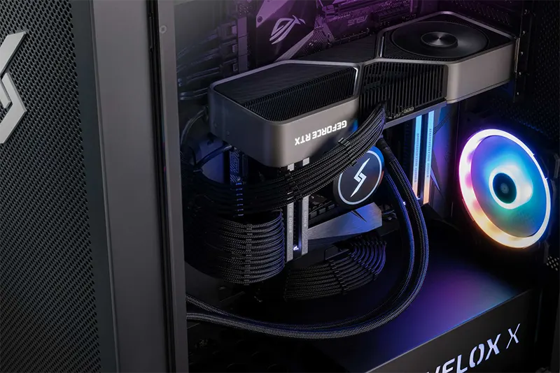 Velox gaming pc side view with RGB cooler and a NVIDIA RTX Series graphic card