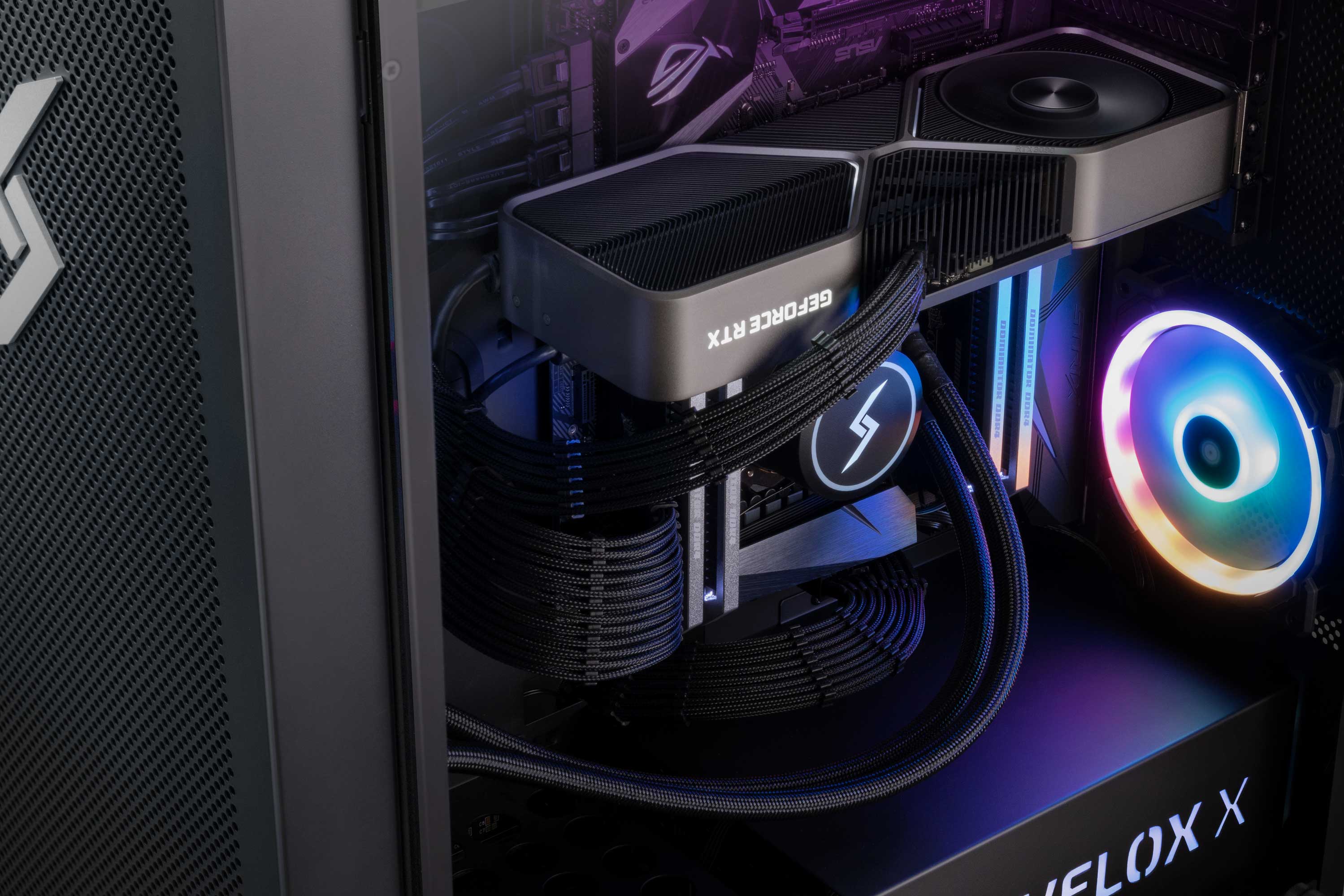 Velox side view highlighting a RGB cooler and a NVIDIA RTX Series graphic card