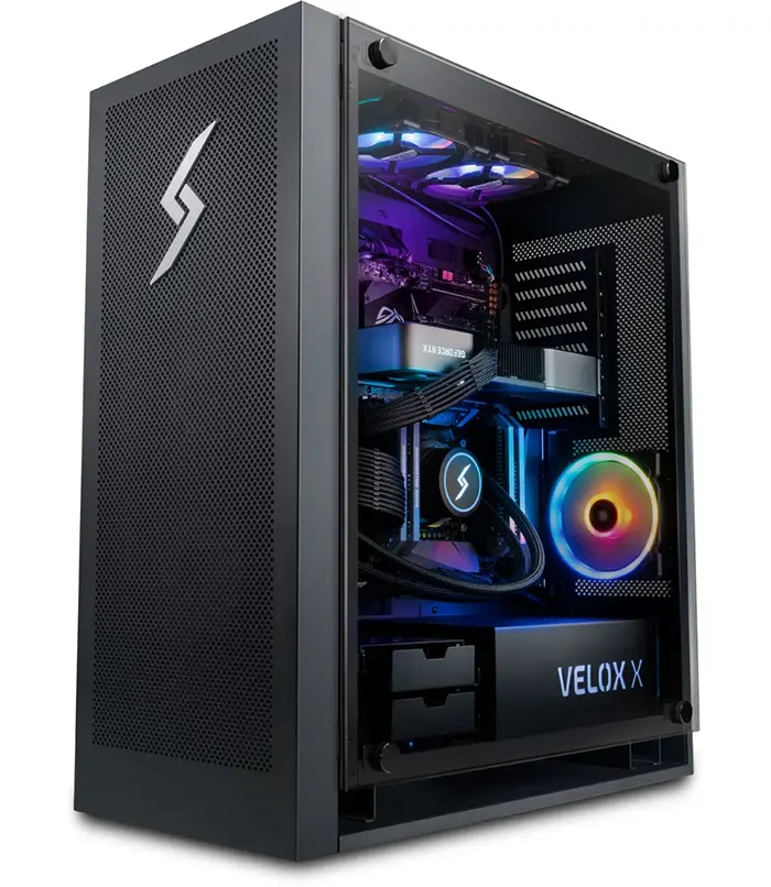 Velox gaming desktop interior with RGB lighting